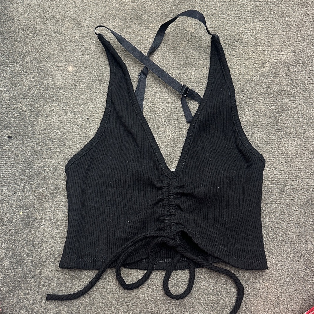 LF Black Ribbed Halter Crop Top